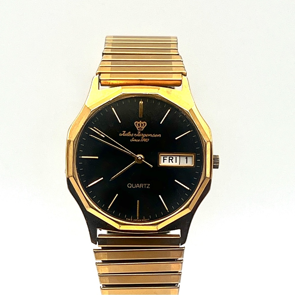 Vintage Jules Jurgensen Mens Watch Gold Tone Stretch 6.25" Band New Battery